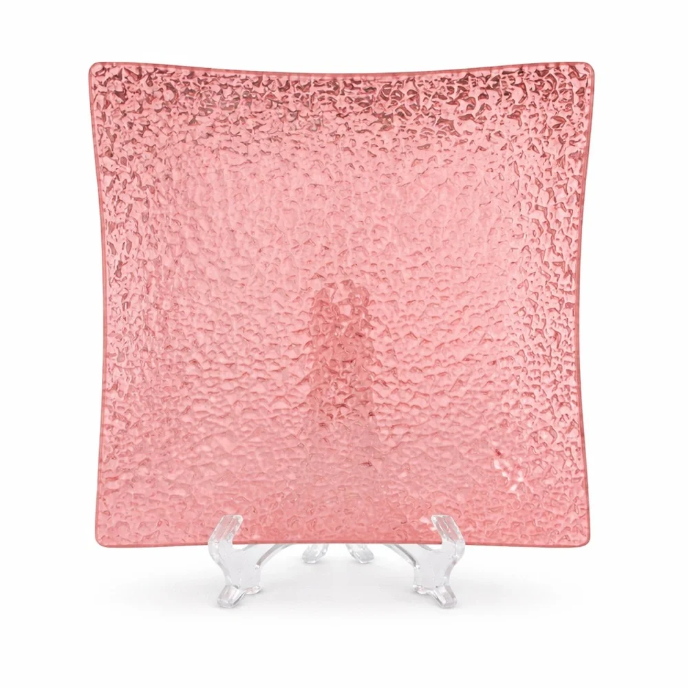 Set of 2 Pink Textured Glass Jewelry Trays – 6” Square Vanity Dishes